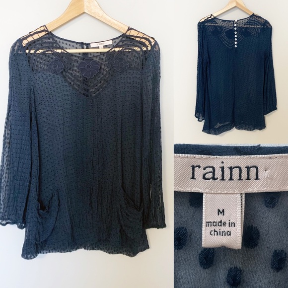 Rainn Navy Blue Sheer Blouse - Size Medium - Picture 1 of 10